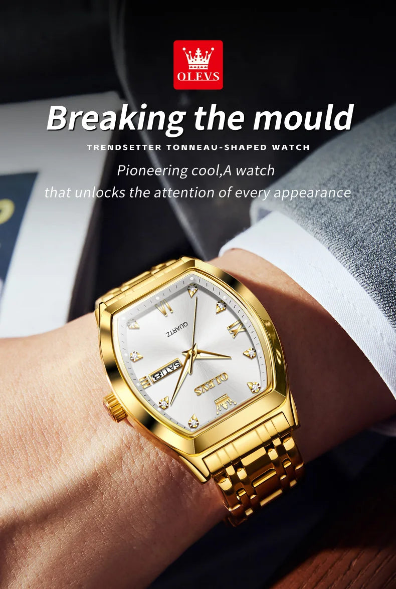 OLEVS New Men's Watches Quartz Luxury Gold Watch Classics Tonneau Dial Top Brand Waterproof Luminous Quartz Watch for Men 5528 - LKBA