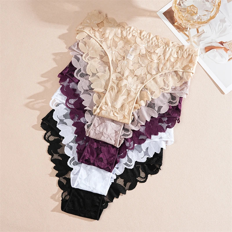 2Pcs Women's Satin Floral Lace Underwear Sexy Hollow Out Panties Solid Low-Waist Perspective Briefs Girls Soft Lingerie - LKBA