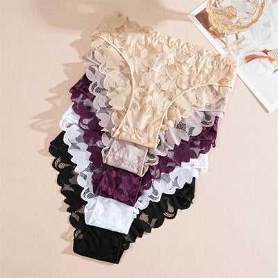 2Pcs Women's Satin Floral Lace Underwear Sexy Hollow Out Panties Solid Low-Waist Perspective Briefs Girls Soft Lingerie - LKBA