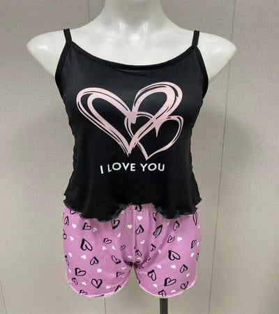 Women's Milk Silk Pajamas Set Summer Sleeveless Heart Print Shorts Sleepwear Sexy Comfortable Loungewear Two Piece - LKBA