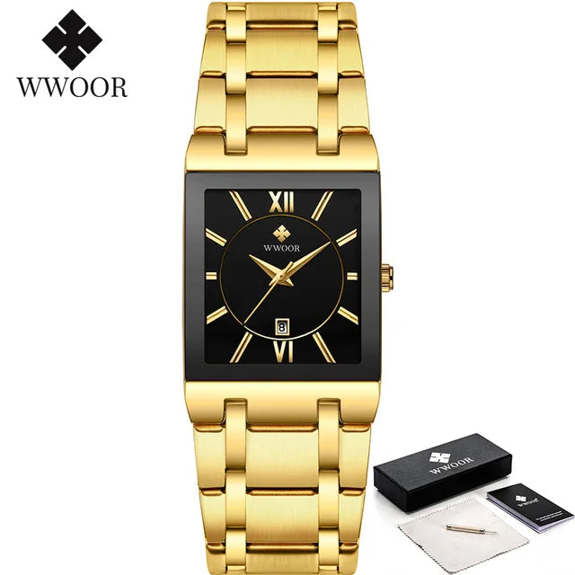 WWOOR Brand Luxury Gold Bracelet Men's Watches Fashion Square Quartz Wrist Watch For Men Stainless Steel Waterproof Reloj Hombre