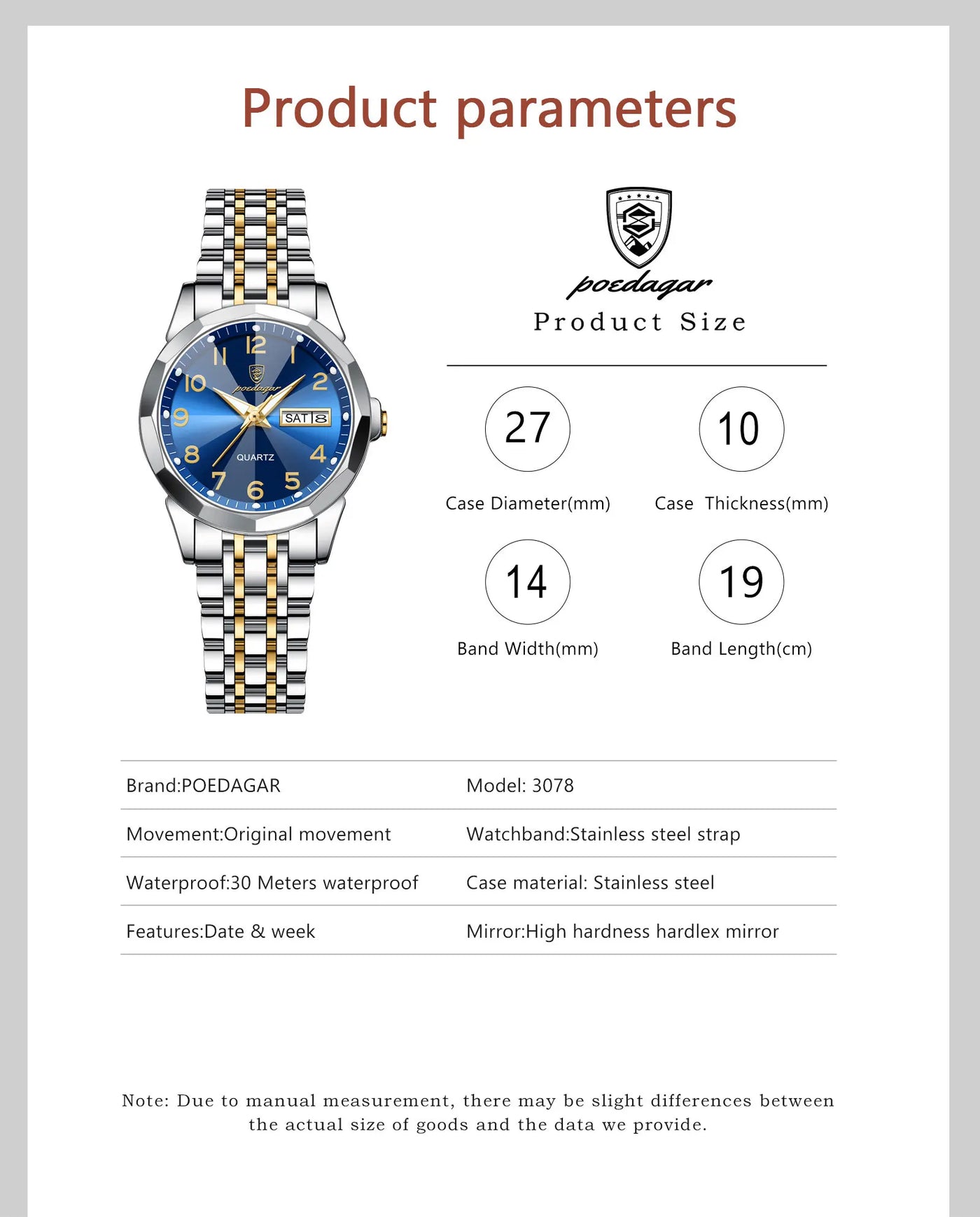 POEDAGAR Fashion Ladies Watch Waterproof Luminous Date Week Watch for Woman High Quality Stainless Steel Women's Quartz Watches - LKBA