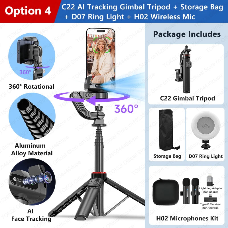 C22 AI Face Tracking Handheld Gimbal Stabilizer 360° Rotation Shoot Selfie Stick Tripod