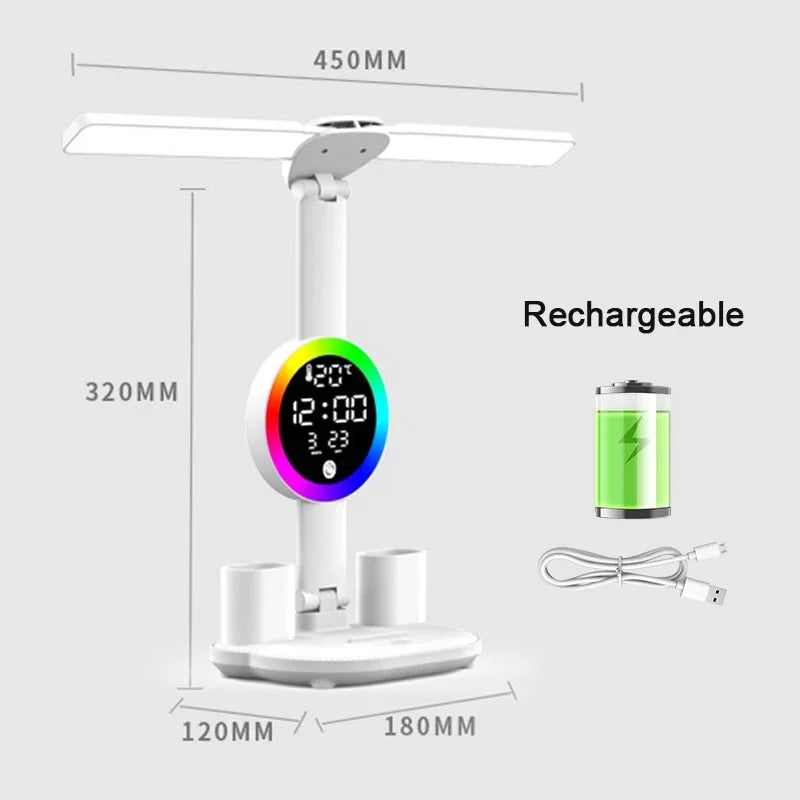 Rechargeable Led Table Lamp for Study Desk Lamp Reading Light Led Night Light with Fan Led Clock Dispaly Reading Desk Light - LKBA