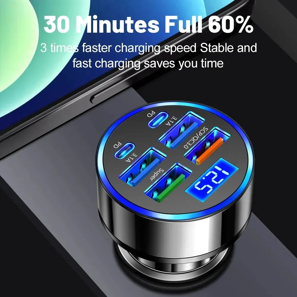 250W PD Car Charger QC3.0 Fast Charge two to Six Port Car Cigarette Lighter Plug Car Charger Flash Charge with Digital Display - LKBA