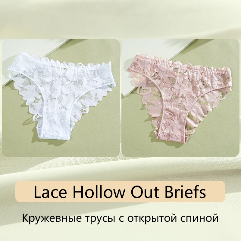 2Pcs Women's Satin Floral Lace Underwear Sexy Hollow Out Panties Solid Low-Waist Perspective Briefs Girls Soft Lingerie