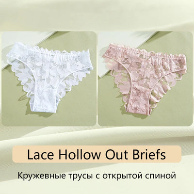2Pcs Women's Satin Floral Lace Underwear Sexy Hollow Out Panties Solid Low-Waist Perspective Briefs Girls Soft Lingerie