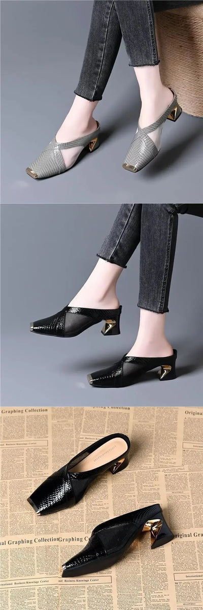 2025 New Women's Fashion Iron Head Thick Heel High Heel Half Slippers Summer Outdoor Wear Rubber Upper Foot Cover Shoes - LKBA