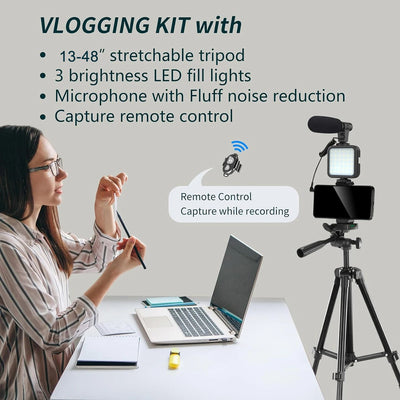Portable Vlogging Kit 48IN Phone Camera Tripod with Microphone LED Light for Photo Vlog Selfie Interview Live Streaming - LKBA