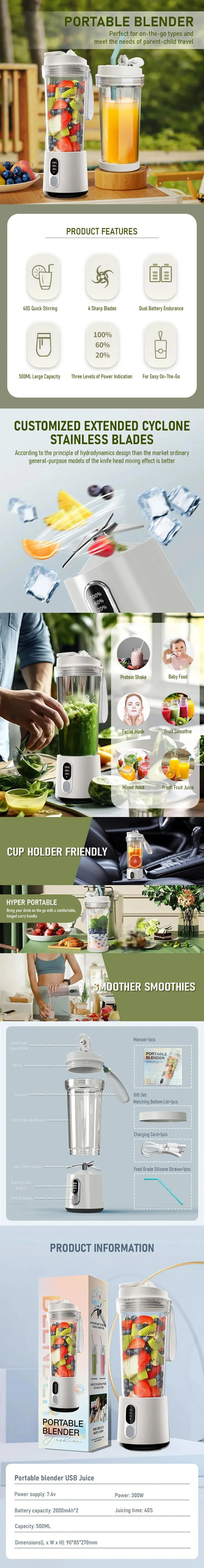 4000mAh Portable Juicer Dual Purpose Juice Cup 180W USB Outdoor Fresh Fruit Blender 4 Blade Smoothie Juice Cup Blender - LKBA