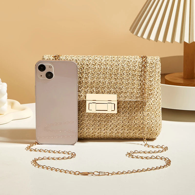 Fashion Straw Women Chain Shoulder Bag Woven High-Capacity Buckle Closure Clutch Handmade - LKBA
