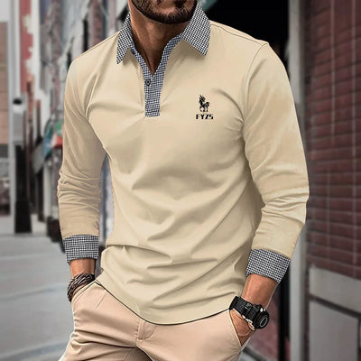 Spring and Autumn Men's Long Sleeve Polo Shirt Classic Business Office T-shirt Male Street Casual Fashion Solid Color Top - LKBA