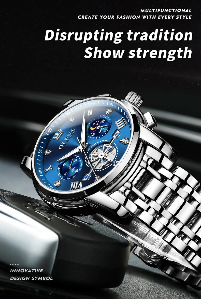 OLEVS 2856 Quartz Watch for Men Flywheel Skeleton Chronograph Moon Phase Multifunctional Stainless steel Men's Wristwatches