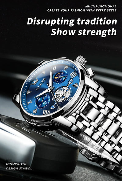 OLEVS 2856 Quartz Watch for Men Flywheel Skeleton Chronograph Moon Phase Multifunctional Stainless steel Men's Wristwatches