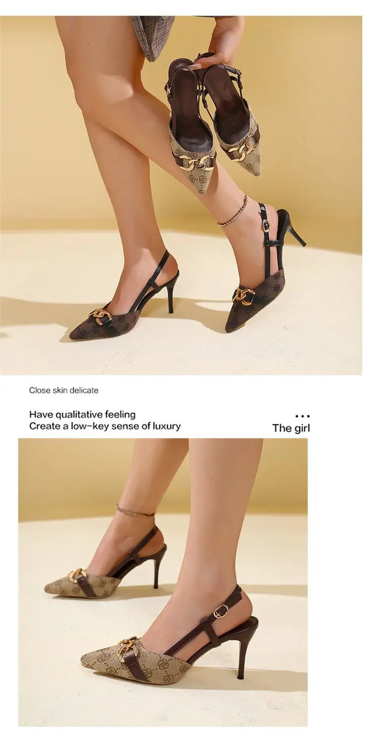 2025 Women's Fashion Baotou Sandals Spring New Pointed Head Shallow Mouth Metal Buckle Anti-slip Wear-resistant High Heels - LKBA