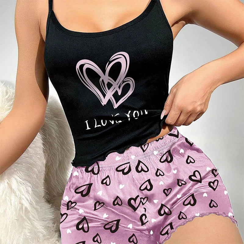 Women's Milk Silk Pajamas Set Summer Sleeveless Heart Print Shorts Sleepwear Sexy Comfortable Loungewear Two Piece - LKBA