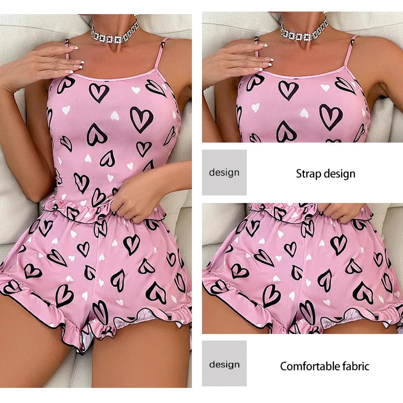 Womens' Summer Ice Silk Pink Printed Love Pajama Sexy Strap Shorts Home Clothes Set - LKBA