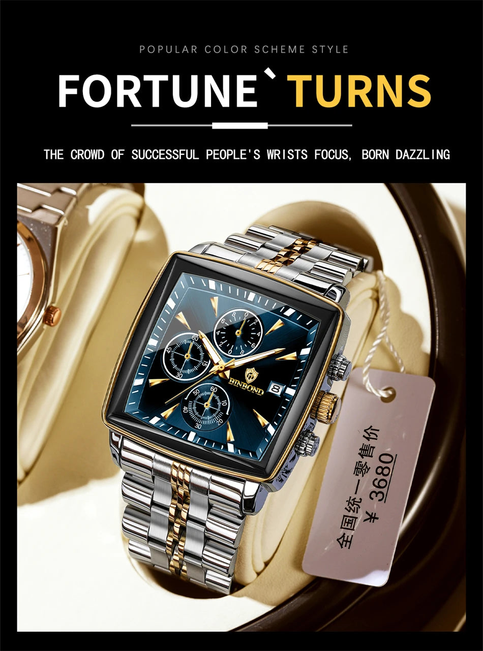 BINBOND Luxury Square Sport Man Wristwatch Waterproof Luminous Chronograph Quartz Men's Watches Stainless Steel Men Watch Reloj - LKBA