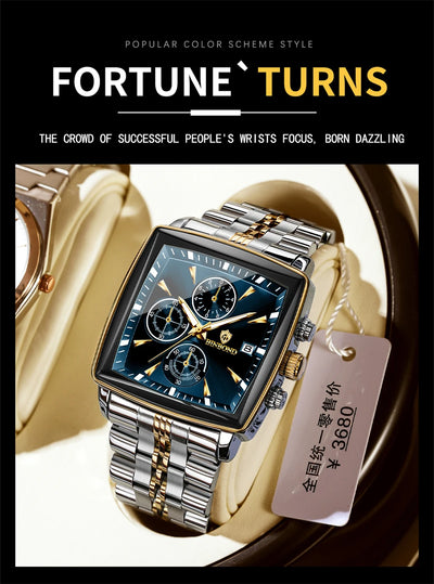 BINBOND Luxury Square Sport Man Wristwatch Waterproof Luminous Chronograph Quartz Men's Watches Stainless Steel Men Watch Reloj - LKBA