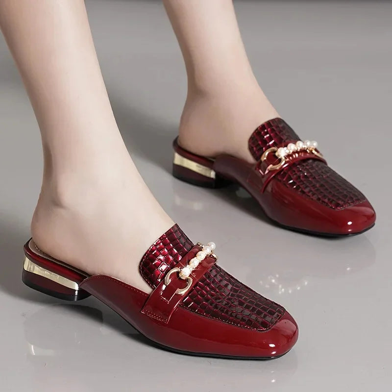 Summer New Pearl Painted Leather Low Heel Women's Slippers High Quality Flat Bottom Half Slippers Comfortable Fashionable