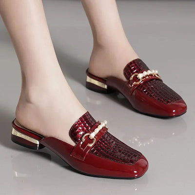 Summer New Pearl Painted Leather Low Heel Women's Slippers High Quality Flat Bottom Half Slippers Comfortable Fashionable