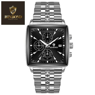 BINBOND Luxury Square Sport Man Wristwatch Waterproof Luminous Chronograph Quartz Men's Watches Stainless Steel Men Watch Reloj - LKBA