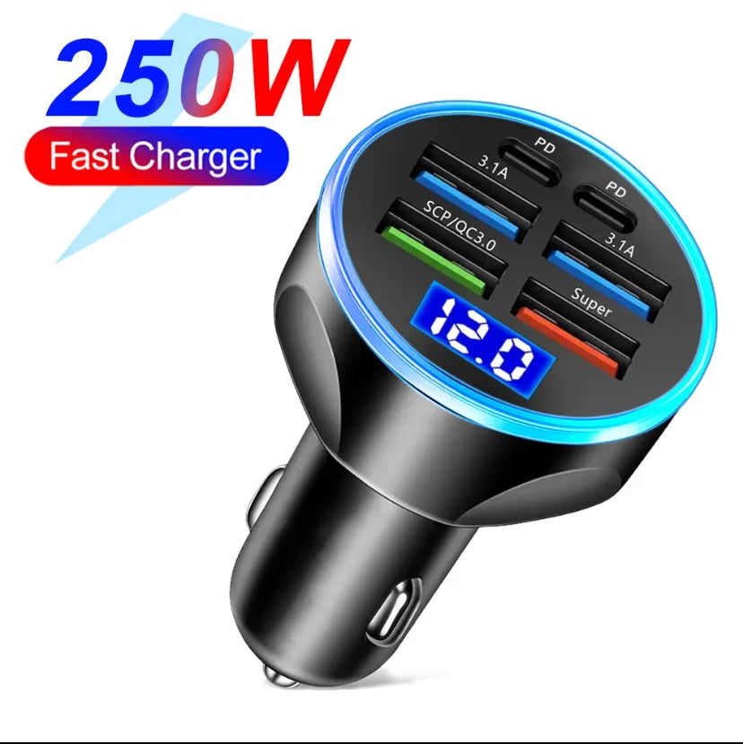 250W PD Car Charger QC3.0 Fast Charge two to Six Port Car Cigarette Lighter Plug Car Charger Flash Charge with Digital Display - LKBA