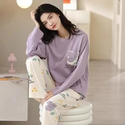 Pyjamas Set for Women's Plus Size Student Long Sleeve Spring and Fall Loungewear Ladies Simple Loose Homewear Casual Sleepwear - LKBA