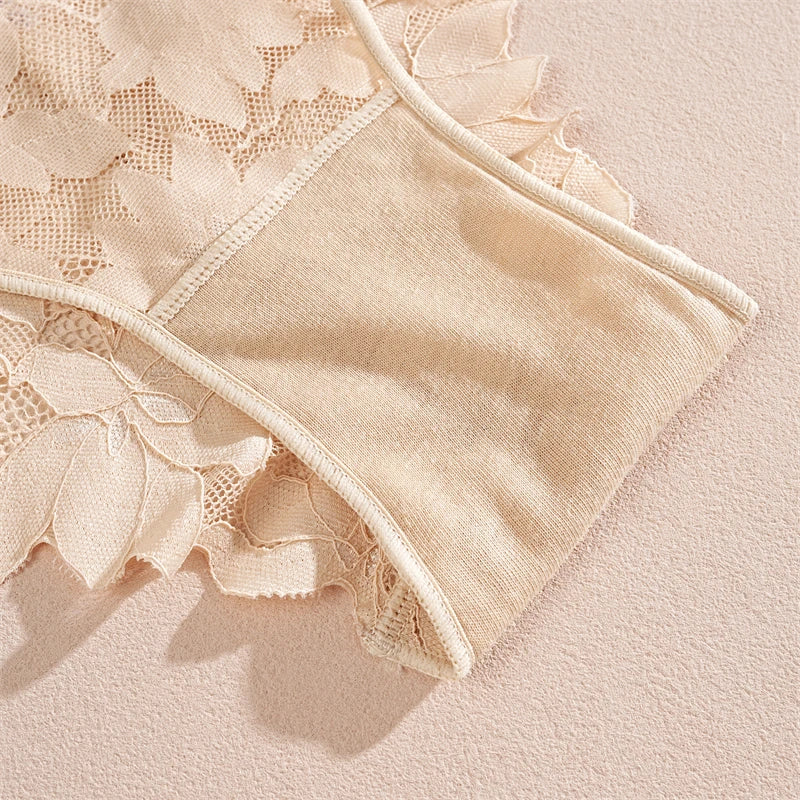 2Pcs Women's Satin Floral Lace Underwear Sexy Hollow Out Panties Solid Low-Waist Perspective Briefs Girls Soft Lingerie - LKBA