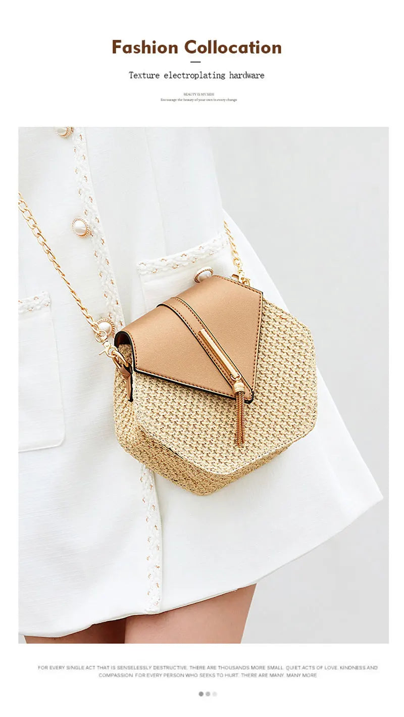 Shape Straw PU Leather Handbag Women Summer Rattan Bag Handmade Woven Beach Bohemia Chain Strap Shoulder - LKBA