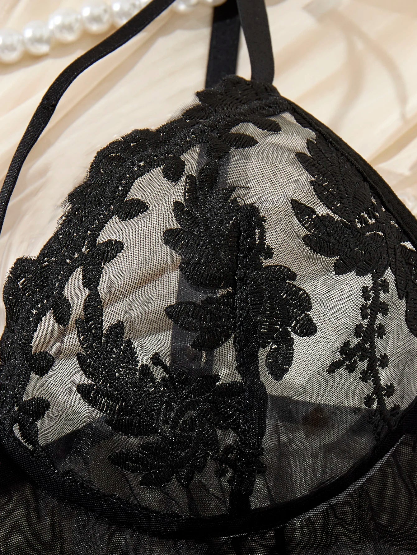 Ladies' wine-red countryside style wheat ear embroidery semitransparent nightgown - LKBA