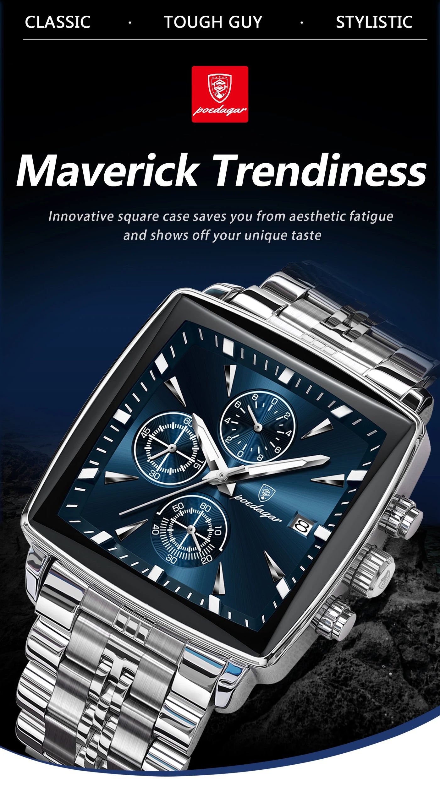 POEDAGAR Square Men Watch Waterproof Luminous Chronograph Calendar Man Wristwatch Stainless Steel Quartz Men's Watches+Box Reloj - LKBA