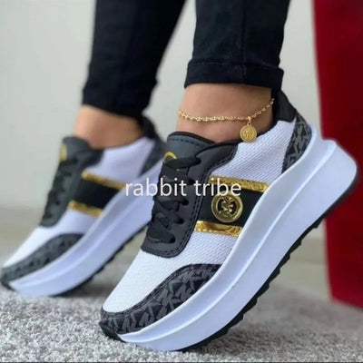New Women's Casual Shoes Lightweight Color Blocked Womens Vulcanized Shoes Lace Up Flat Bottomed Women's Shoes Thick Soled Shoes - LKBA