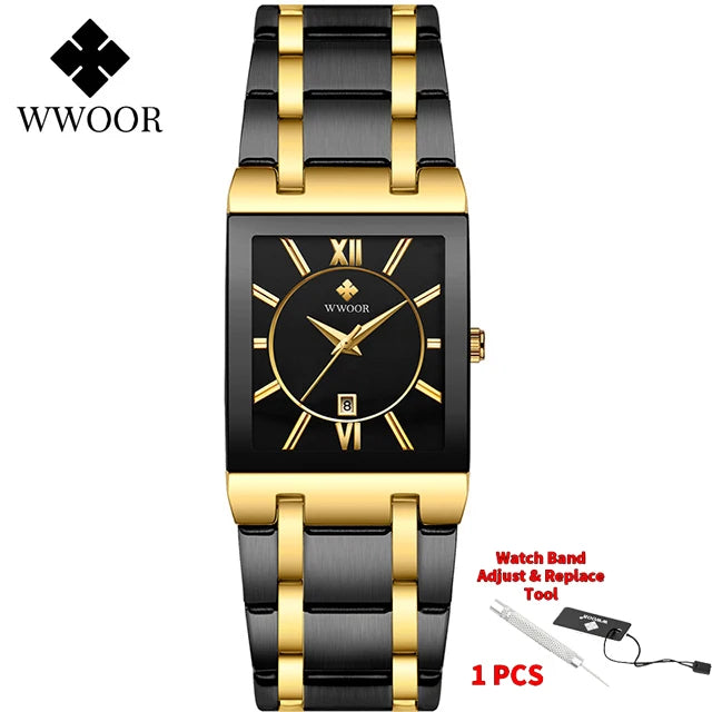 WWOOR Brand Luxury Gold Bracelet Men's Watches Fashion Square Quartz Wrist Watch For Men Stainless Steel Waterproof Reloj Hombre