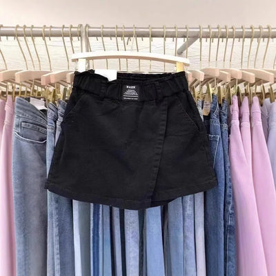 High-Waisted Cotton Mini Dress Plus Size Two-Piece Illusion Pants Skirt Slimming A- Line Half Body For Women Spring Summer White - LKBA