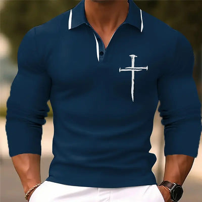 Men's 3D Printed Cross Pattern Golf Shirt Long Sleeve Polo Shirt Business Casual - LKBA