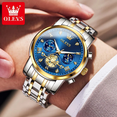 OLEVS 2856 Quartz Watch for Men Flywheel Skeleton Chronograph Moon Phase Multifunctional Stainless steel Men's Wristwatches - LKBA