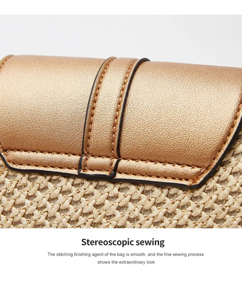 Shape Straw PU Leather Handbag Women Summer Rattan Bag Handmade Woven Beach Bohemia Chain Strap Shoulder - LKBA