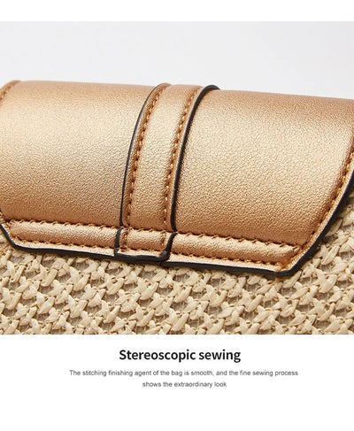 Shape Straw PU Leather Handbag Women Summer Rattan Bag Handmade Woven Beach Bohemia Chain Strap Shoulder - LKBA