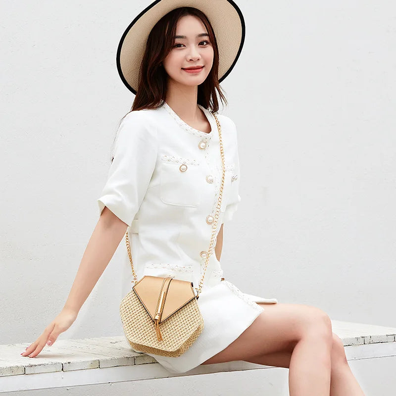 Shape Straw PU Leather Handbag Women Summer Rattan Bag Handmade Woven Beach Bohemia Chain Strap Shoulder - LKBA