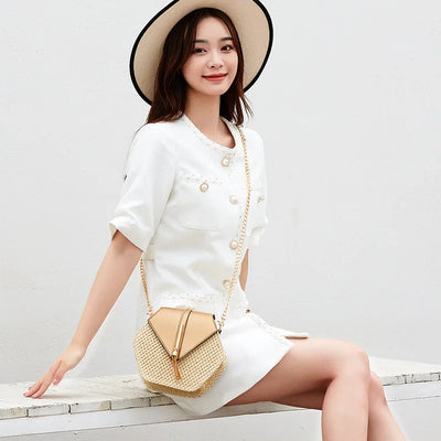 Shape Straw PU Leather Handbag Women Summer Rattan Bag Handmade Woven Beach Bohemia Chain Strap Shoulder - LKBA