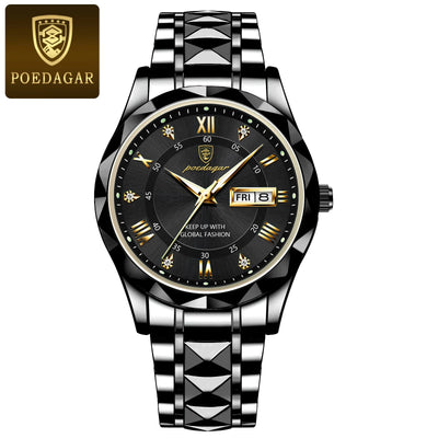POEDAGAR Top Brand Luxury Men's Watches Waterproof Luminous Calendar Week Watch For Man Casual Stainless Steel Quartz Men Watch - LKBA