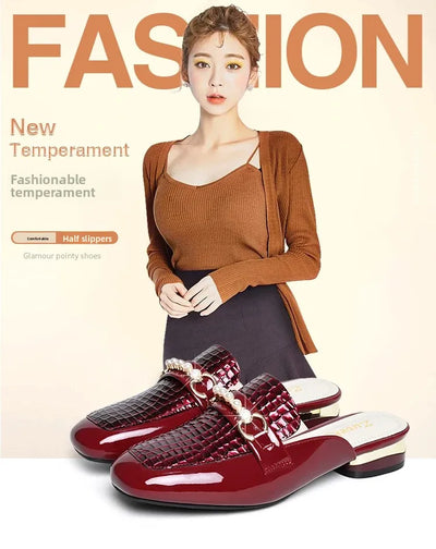 Summer New Pearl Painted Leather Low Heel Women's Slippers High Quality Flat Bottom Half Slippers Comfortable Fashionable - LKBA
