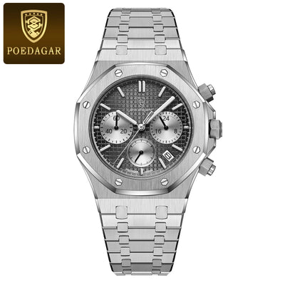 POEDAGAR Original Luxury Men's Watches Date Chronograph Stainless Steel Quartz Watch Waterproof Luminous Fashion Man Wristwatch - LKBA