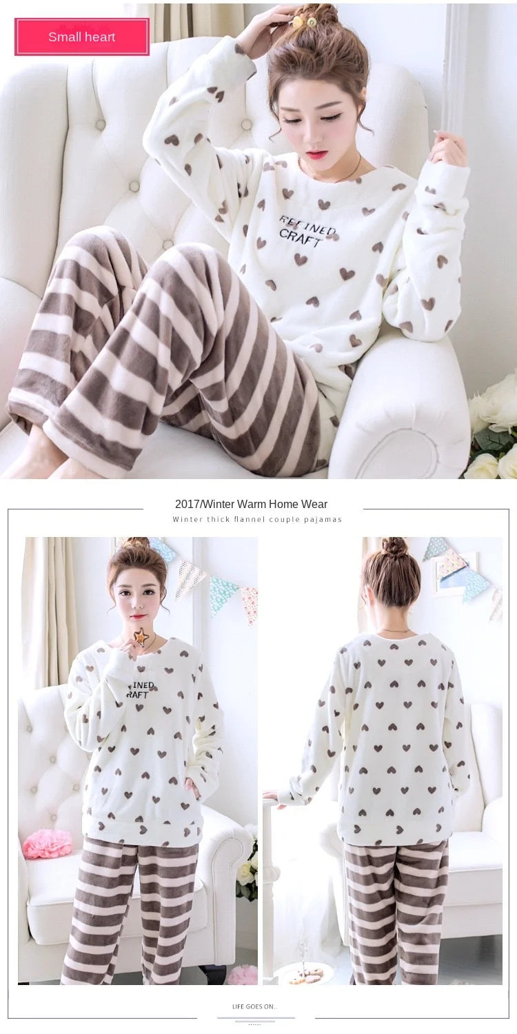 Thickened Warm Flannel Autumn and Winter Pajamas Loungewear Female Cute Cartoon Sleepwear Homewear Coral Velvet Nightwear - LKBA