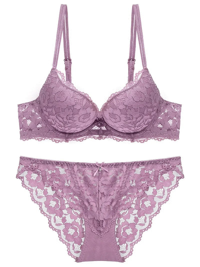 1 Set Elegant Lace Embroidery Breathable Fabric Lingerie Set Push-Up Bra Drop Waist Sheer Panty - Ultimate Valentine's Day - LKBA