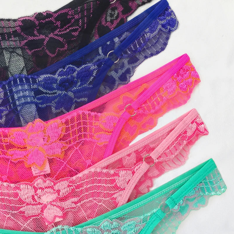 5pcs Lace Ladies G-string Perspective Floral Panties Low Waist Sexy Female Thongs Comfortable Breathable Intimate Lingerie Set - LKBA