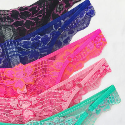 5pcs Lace Ladies G-string Perspective Floral Panties Low Waist Sexy Female Thongs Comfortable Breathable Intimate Lingerie Set - LKBA