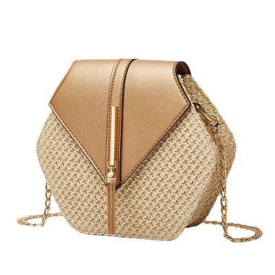 Shape Straw PU Leather Handbag Women Summer Rattan Bag Handmade Woven Beach Bohemia Chain Strap Shoulder - LKBA
