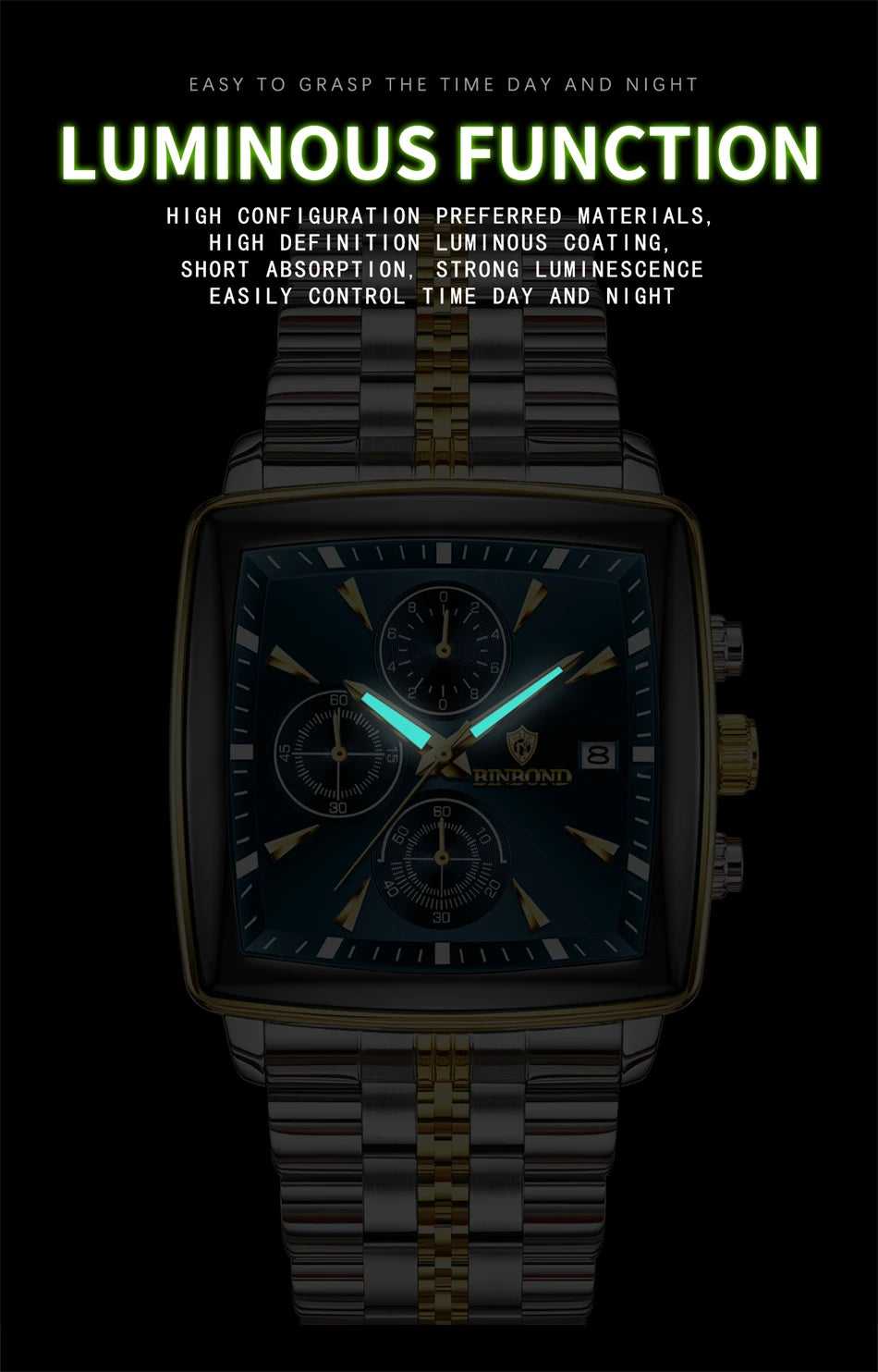 BINBOND Luxury Square Sport Man Wristwatch Waterproof Luminous Chronograph Quartz Men's Watches Stainless Steel Men Watch Reloj - LKBA